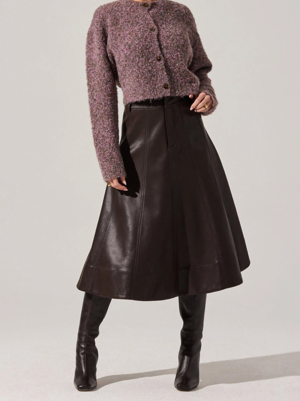 ASTR the label faux leather Women's Dark Brown A-Line Midi Skirt